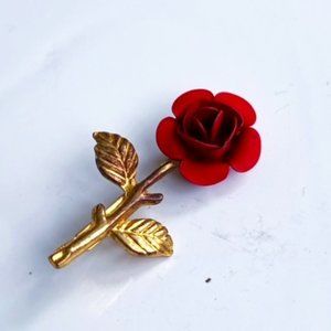 Vintage Red Rose Gold Tone Brooch